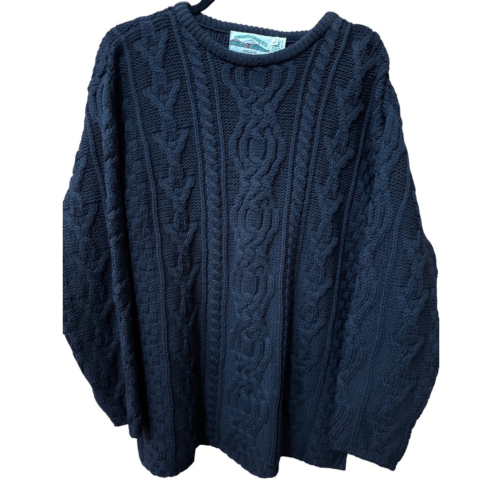Aran Crafts Ireland 100% Merino Wool Cable Knit Fisherman Sweater Black Large